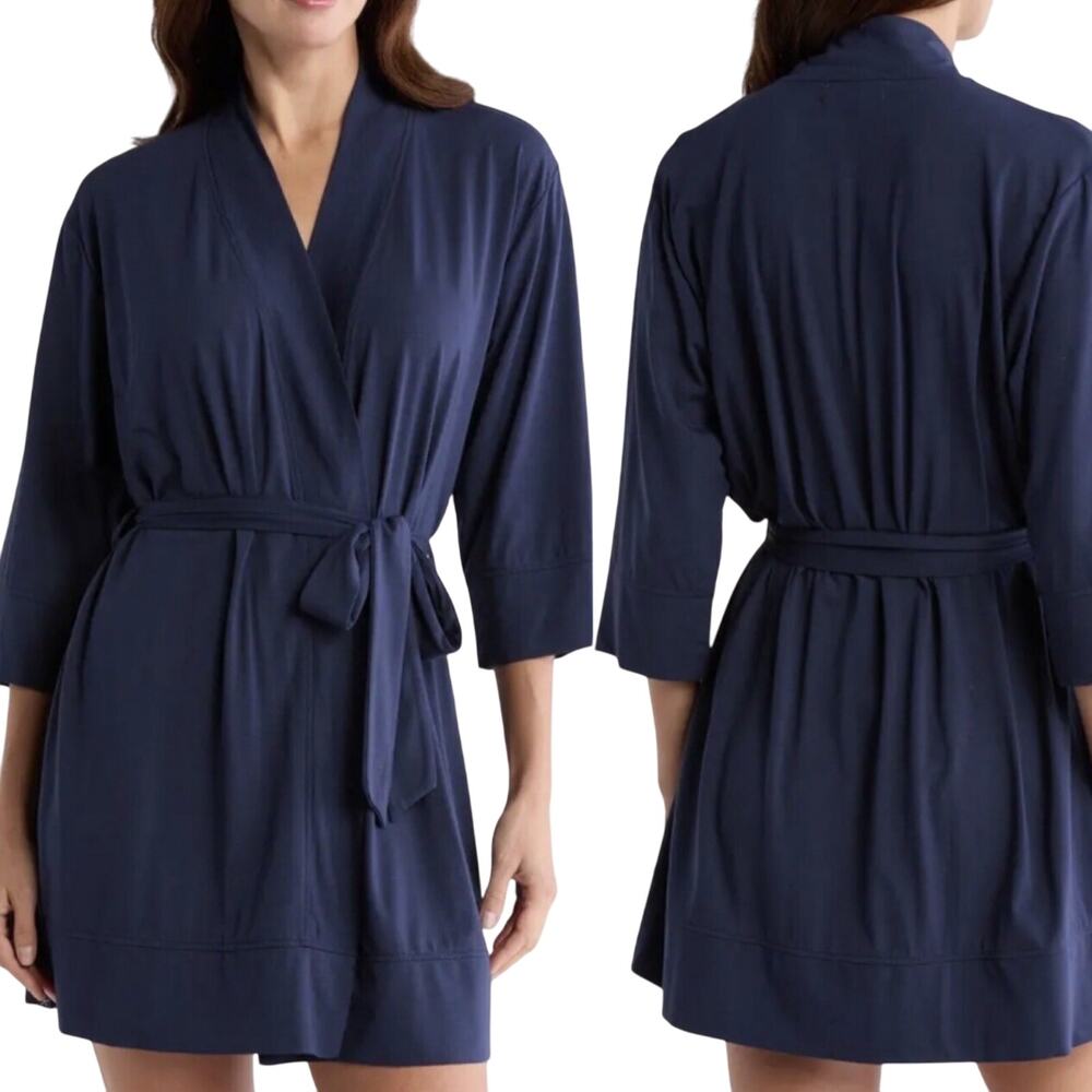 Barefoot Dreams Luxe Milk Jersey Wrap Robe Mini Short Kimono Knit Navy Blue M